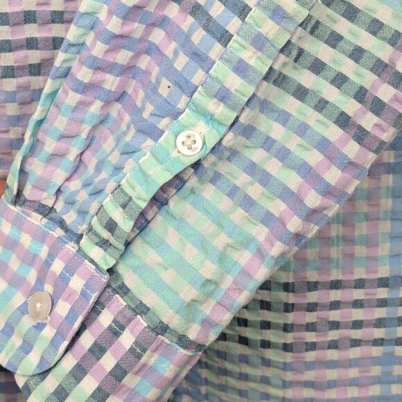 L.L. Bean Check Plaid Women Button Up Shirt L Vacation Seersucker Coastal Retro - Picture 3 of 12